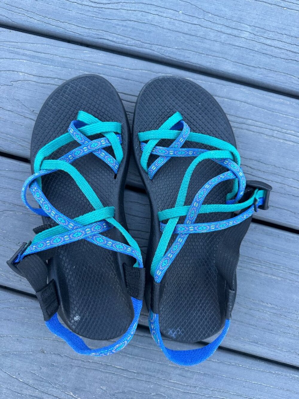 Chaco Vibram Blue Green Double Strap Hiking Sport Toe Loop Sandals